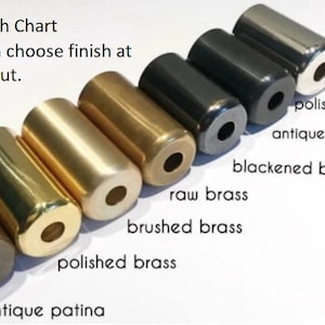 May include: A chart showing different metal finishes for a product. The finishes include polished chrome, antique black, blackened brass, raw brass, brushed brass, polished brass, and antique patina.