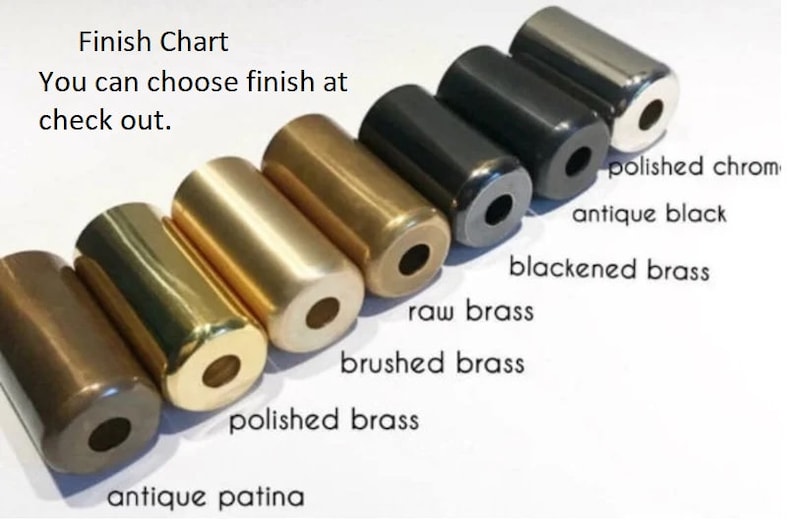 May include: A chart showing different metal finishes for a product. The finishes include polished chrome, antique black, blackened brass, raw brass, brushed brass, polished brass, and antique patina.