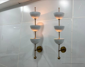 Pair of Rare Sconces Italian Stilnovo Style Mid Century Wall Lights 3 shade Lamps Fixture