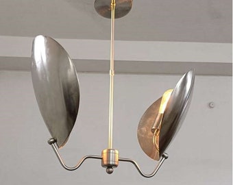 2 Curved Shade Brushed Chrome Sputnik Light Designer Chandelier Lights Fixture ,Mid Century Ceiling Light , Itanian Diabalo Designer Light