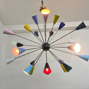 Mid Century 24 Multi Color Shade Metal Big Sputnik Chandelier Light Designer Ceiling Fixture Mid Century Ceiling Light Fixture