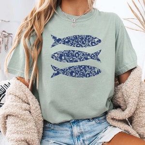 Floral Vintage sardine t-shirt, retro coastal aesthetic shirt, fisherman crewneck tee, comfort colors® summer beach tshirt, mandala fish tee