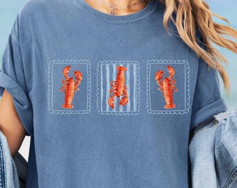 航海漁師風Tシャツ、ヴィンテージロブスターTシャツ、コンフォートカラーズ®サマーTシャツ、フランス沿岸シャツ、オーシャンライフコケットシャツ