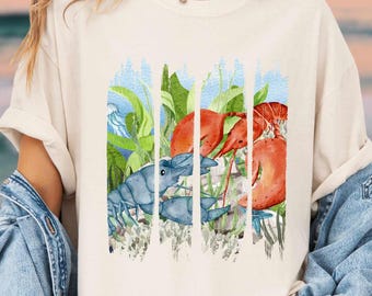 Camiseta Comfort Colors®, camiseta submarina con langosta roja y azul, camiseta de pesca de langostas, camiseta para amantes de las langostas, camiseta estética de pescador