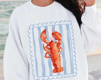 coastal lobster sweatshirt, red maine lobster sweater, fisherman aesthetic gift, retro vintage lobster, marine life nature lover sweatshirt