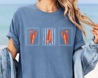Ästhetisches T-Shirt des nautischen Fischers, Vintage Hummer-T-Shirt, Comfort Colors® Sommer-T-Shirt, französisches Küstenhemd, Ozeanleben-Kokettehemd