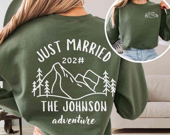 Custom Just Married Hoodie: Personalize Mountain Adventure Newlywed Gift