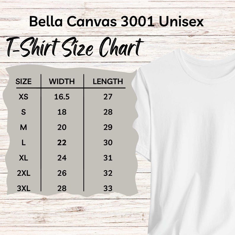 Może przedstawiać: Tabela rozmiar&oacute;w dla T-shirt&oacute;w unisex Bella Canvas 3001, pokazująca szerokość i długość w calach dla rozmiar&oacute;w od XS do 3XL.