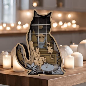 May include: A wooden cat figurine with a cutout design. The cat is sitting with its back to the viewer and looking out a window. Inside the window, a person is sitting in a chair with a cat on their lap. The scene is set at night with a full moon in the sky.