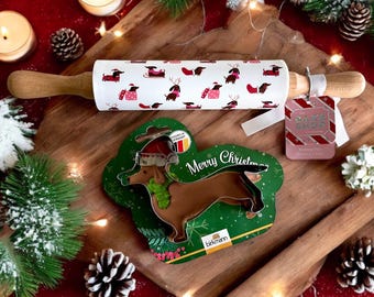 Christmas Dachshund Baking Set Rolling Pin Sausage Dog Cookie Cutter Spatula