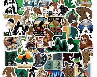 May include: A collection of Bigfoot-themed stickers in various shapes and sizes. The stickers feature illustrations of Bigfoot, landscapes, and text like "Believe," "Bigfoot," and "Hide & Seek World Champion." The color palette includes browns, greens, and blues.