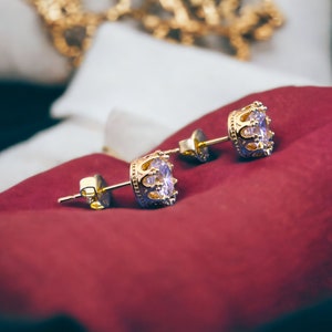 Golden Royal Crown Stud Earrings Platinum Plated Cubic Zirconia