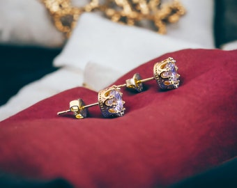 Golden Royal Crown Stud Earrings Platinum Plated Cubic Zirconia