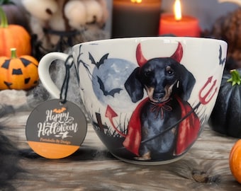 May include: White ceramic mug with a black and red illustration of a dachshund dressed as a devil holding a pitchfork. The mug has a black handle and a round tag that says "Happy Halloween Portabello By Design".