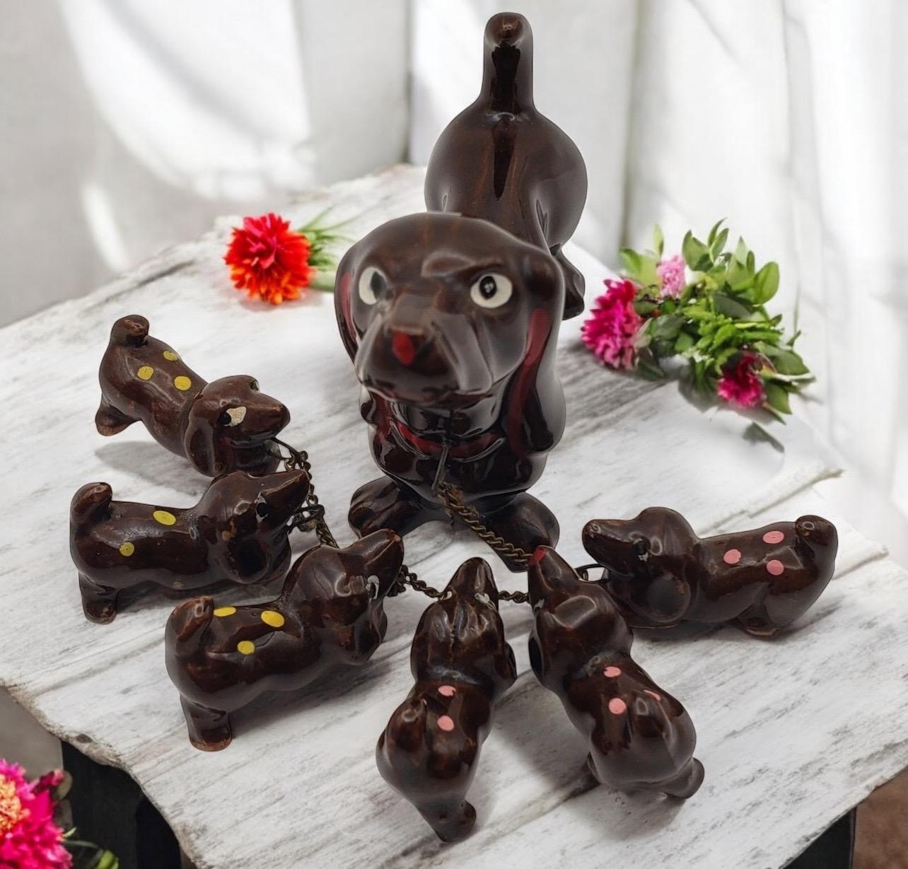 Vintage 1950s Dachshund Chain Gang Figurine Set Mama Dog