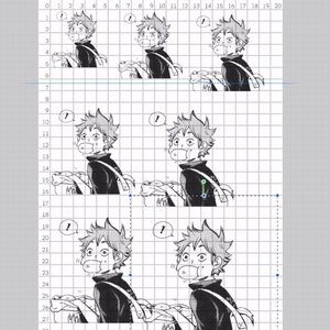 Könnte beinhalten: Eine Schwarzweiß-Manga-Illustration eines jungen Mannes mit orangefarbenem Haar, der ein schwarzes Hemd trägt und eine Tasche trägt. Er schaut nach rechts und hat einen überraschten Gesichtsausdruck. Das Bild ist in ein Raster mit Zahlen und Buchstaben unterteilt.
