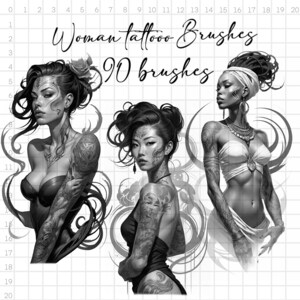 May include: Three black and white illustrations of women with tattoos. The women are in different poses and have different styles of tattoos. The text "Woman tattoo Brushes 90 brushes" is at the top of the image.