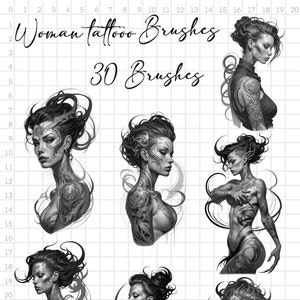 May include: A set of 30 black and white digital brushes featuring women with tattoos. The brushes are designed for use in digital art programs. The text "Woman tattoo Brushes" and "30 Brushes" is included in the image.