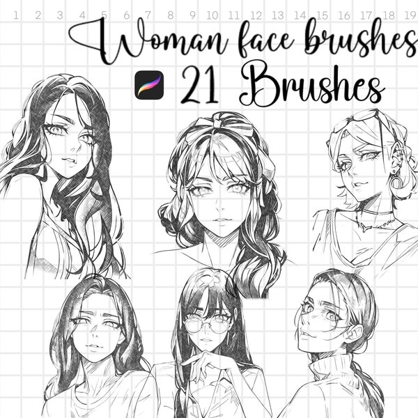 Procreate Stamp Anime Girl, 21 brushes, 21 sellos, face woman, dibujo digital, Rostro femenino, pinceles cara mujer