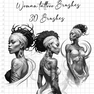 May include: Black and white digital illustration of two women with tattoos and head wraps. The text "Woman tattoo Brushes 30 Brushes" is at the top of the image.