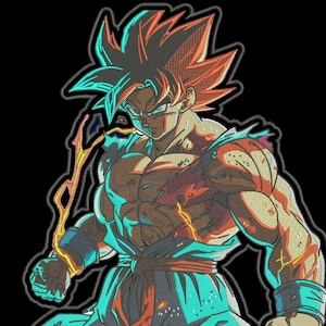 May include: Embroidered patch featuring a muscular character with spiky red hair and teal clothing. The character is depicted with a determined expression, surrounded by a neon outline and lightning bolts, set against a black background.