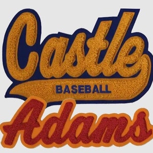 May include: A yellow and blue felt patch with the text "Castle Baseball" and a smaller red and orange felt patch with the text "Adams".