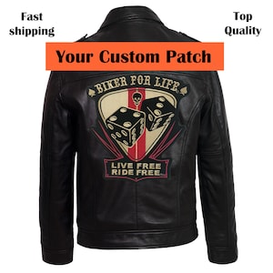 May include: Black leather jacket with a custom patch featuring a dice design and the text "Biker for Life" and "Live Free Ride Free".