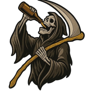 May include: A detailed illustration of the Grim Reaper drinking from a brown bottle. The Reaper is depicted with a skeletal face and hands, wearing a dark cloak, and holding a scythe with a wooden handle. The image has a vintage, tattoo-style aesthetic.