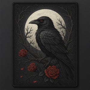 Puede incluir: Un parche rectangular que muestra un cuervo negro con ojos rojos posado en una rama. El ave se sitúa frente a una gran luna circular pálida y ramas de árbol oscuras y desnudas. Tres rosas de color rojo intenso adornan las ramas inferiores.