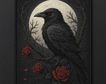 Gothic Raven & Crimson Roses Large Embroidered Patch – 12"