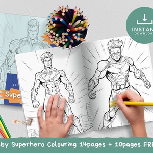 Páginas para colorear de superhéroes, PDF imprimible, Descarga instantánea, Coloración para adultos, Actividades imprimibles para niños, Páginas para colorear para niños