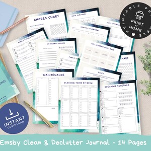 May include: A printable cleaning and decluttering journal with 14 pages. The pages are decorated with a teal and blue watercolor design. The journal includes checklists, charts, and schedules for organizing and cleaning your home.
