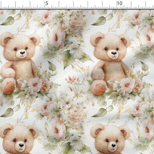 Cute bears Fabric - Bears in the Garden Printed Fabric, Friends Cotton Linen Silk Fabric - Garden Fabric By The Yard/Metre