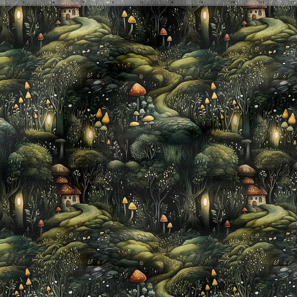 Magic Forest Fabric -  Night Forest Printed Fabric, Village in the Forest Cotton Linen Silk Fabric - Fabric By The Yard/Metre
