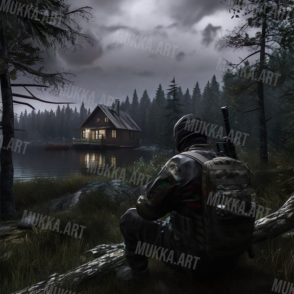 Survivor Sitting by a Cool Dayz-like Lake with a House Wall Art - High-Quality Design, Instant Download