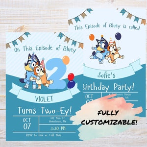 Blue dog two customizable birthday invitation - On this Episode of blue  y turns Two-ey - two designs included - digital link to Canva