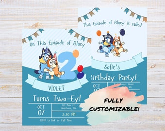 Blue dog two customizable birthday invitation - One this Episode of blue  y turns Two-ey - two designs included - digital link to Canva