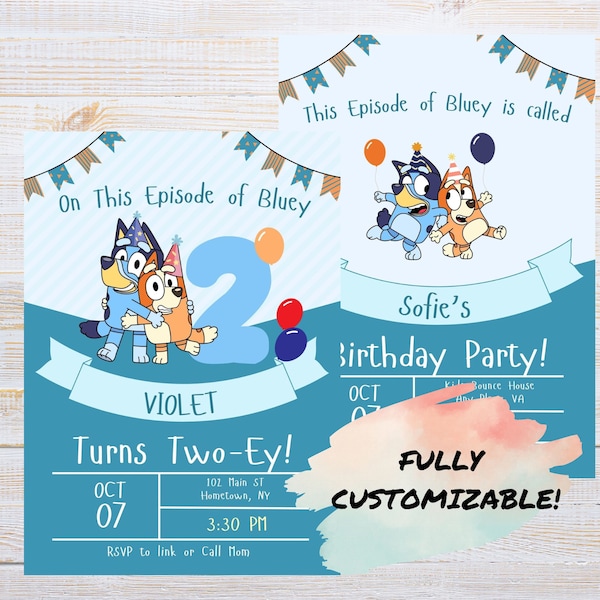 Blue dog two customizable birthday invitation - On this Episode of blue  y turns Two-ey - two designs included - digital link to Canva