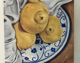 Quince fruit with blue plate and bronze charger painting - 8x10" oil on canvas panel