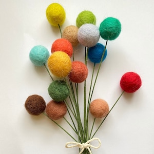 Könnte beinhalten: Ein Strauß aus Filzkugeln an grünen Stielen, die mit einer weißen Schnur zusammengebunden sind. Die Filzkugeln sind in verschiedenen Farben, darunter Rot, Orange, Gelb, Grün, Blau und Braun.