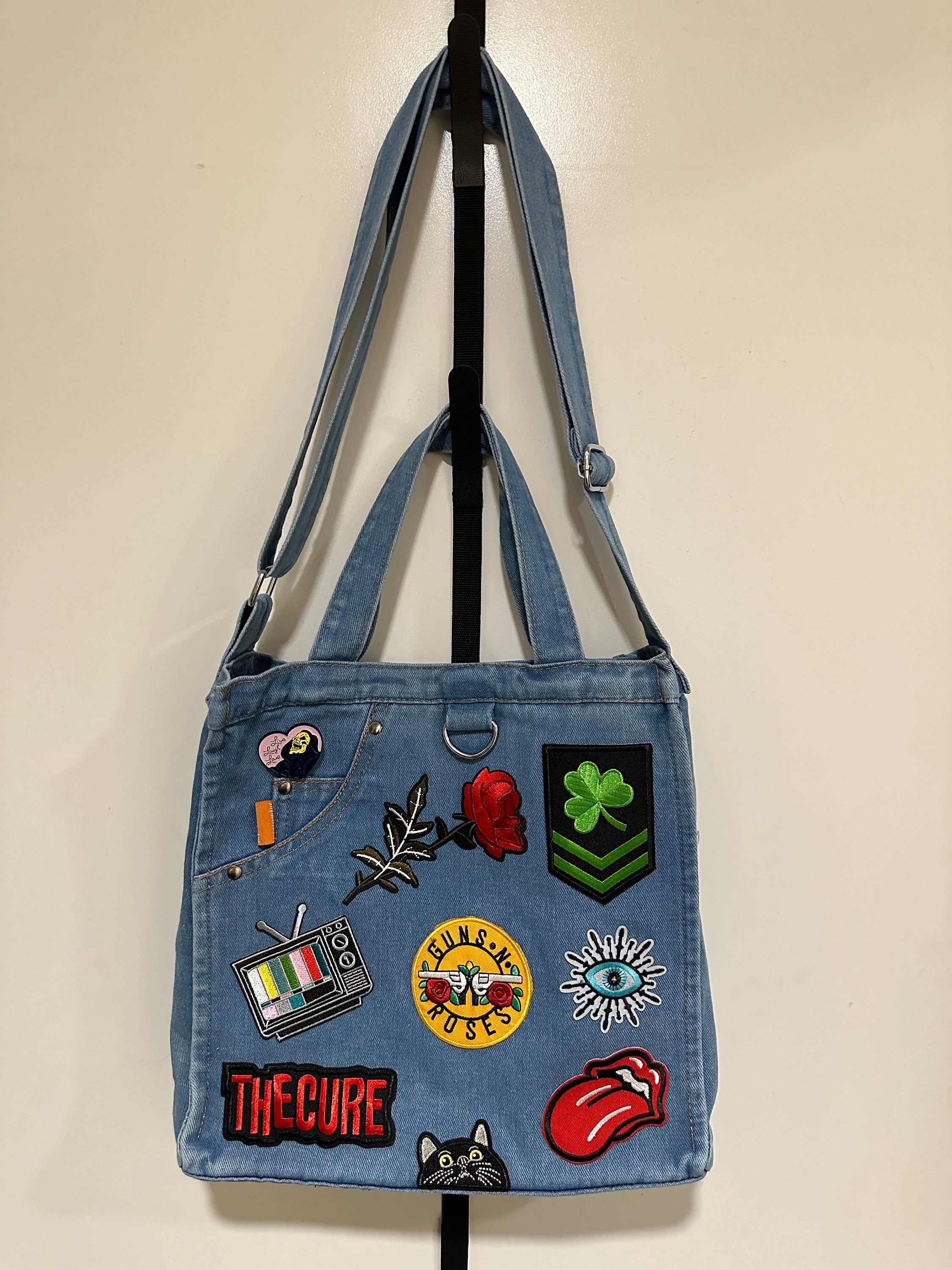 Denim bag with shop patches