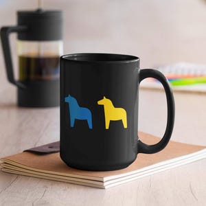 Swedish Dala Horse Coffee Mug: Large Black Ceramic Cup, Scandinavian Gift