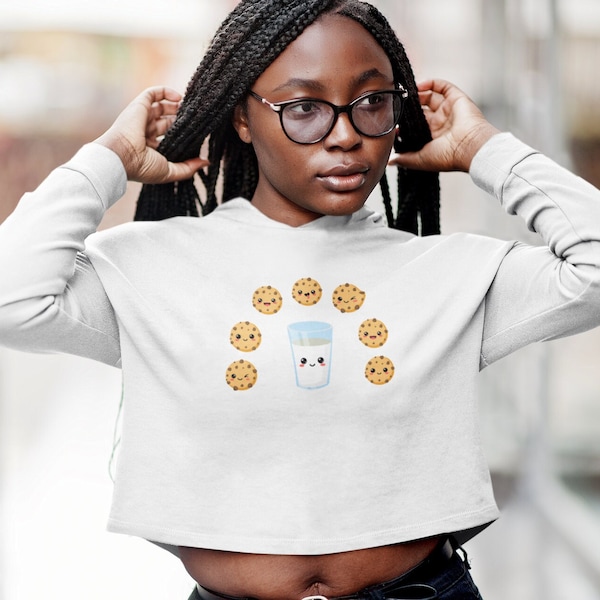 Kawaii Cropped Hoodie sweatshirt kawaii food Milk and Cookies cute hooded shirt crop top girls teens womans shirt plus size sweatshirt