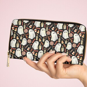 Halloween Ghost & Candy Vegan Leather Wallet: Zipper Travel Case