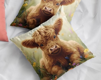 Highland Cow Throw Pillow, Farmhouse Nursery Sofa Bed Farm Animal Decor