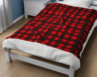 Red and Black Buffalo Plaid Velveteen Blanket: Rustic Farmhouse Throw