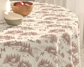 Vintage Tablecloth, Red Toile pattern, Christmas Holiday Table Cloth, Traditional French Country Decor