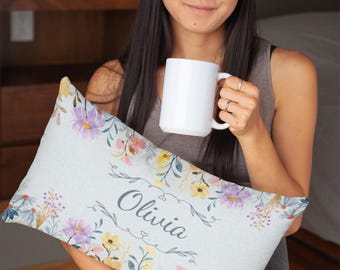 Personalized Blue Floral Pillow: Custom Name Lumbar Throw, Monogram Bedroom Decor