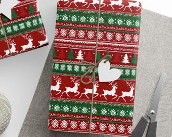 May include: Christmas-themed gift wrap with a red background and a pattern of white reindeer, green trees, and snowflakes. The gifts are tied with twine and adorned with white star and heart-shaped tags. A ball of twine and scissors are also present.