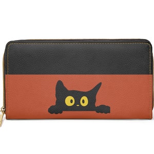 Halloween wallet cute black cat vegan faux leather woman&#39;s zipper close travel case 7.5 in x 4.3 in
